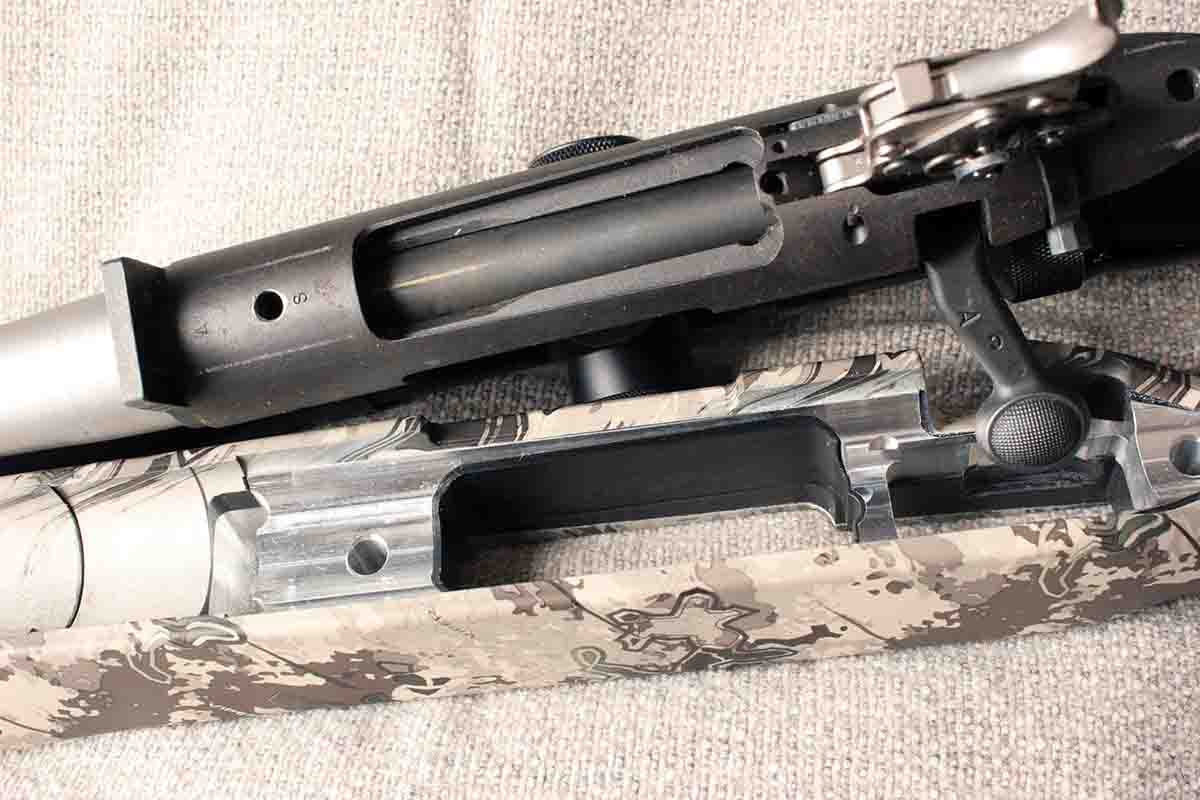 The Stocky’s Stocks Accublock has thin rails supporting the receiver ring and tang of a Remington 700 action.